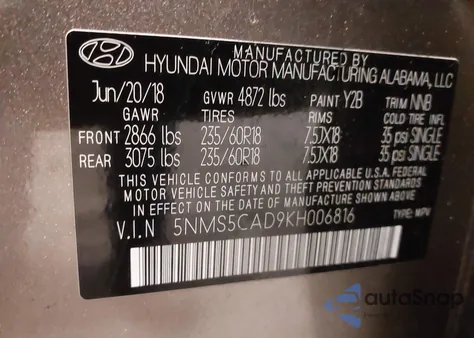 2019 Hyundai Santa Fe Limited/Ultimate from USA, damaged, VIN 5NMS5CAD9KH006816